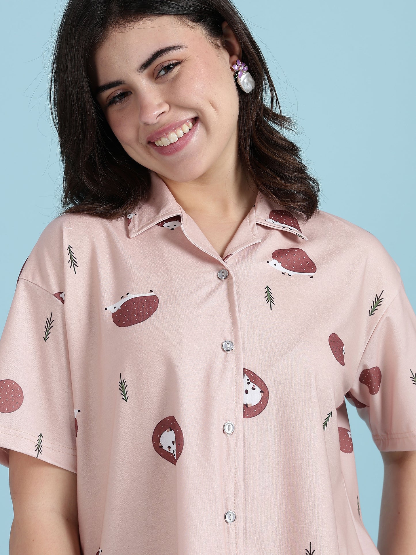 Warm Latte Hedgehog Print Cute Night Suits For Women