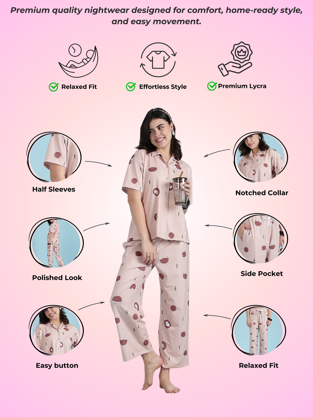 Warm latte hedgehog print cute night suits for women