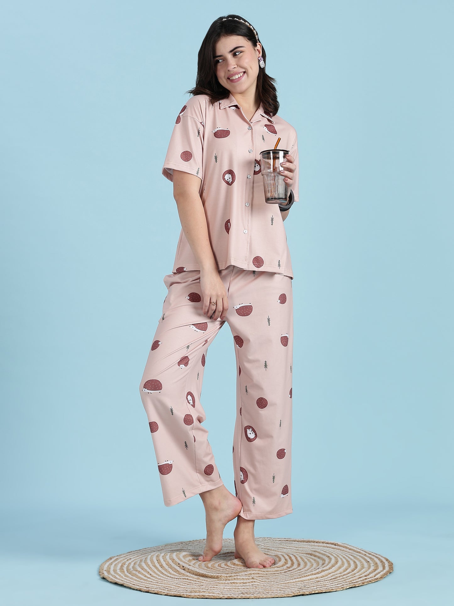 Warm Latte Hedgehog Print Cute Night Suits For women