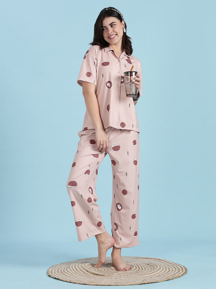 Warm Latte Hedgehog Print Cute Night Suits For women