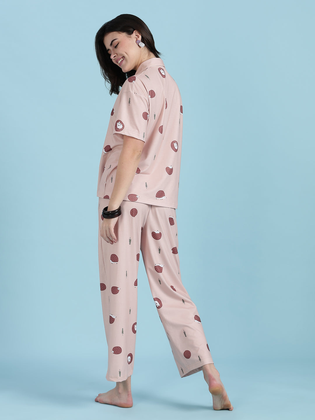 Warm Latte Hedgehog Print Cute Night Suits For Women