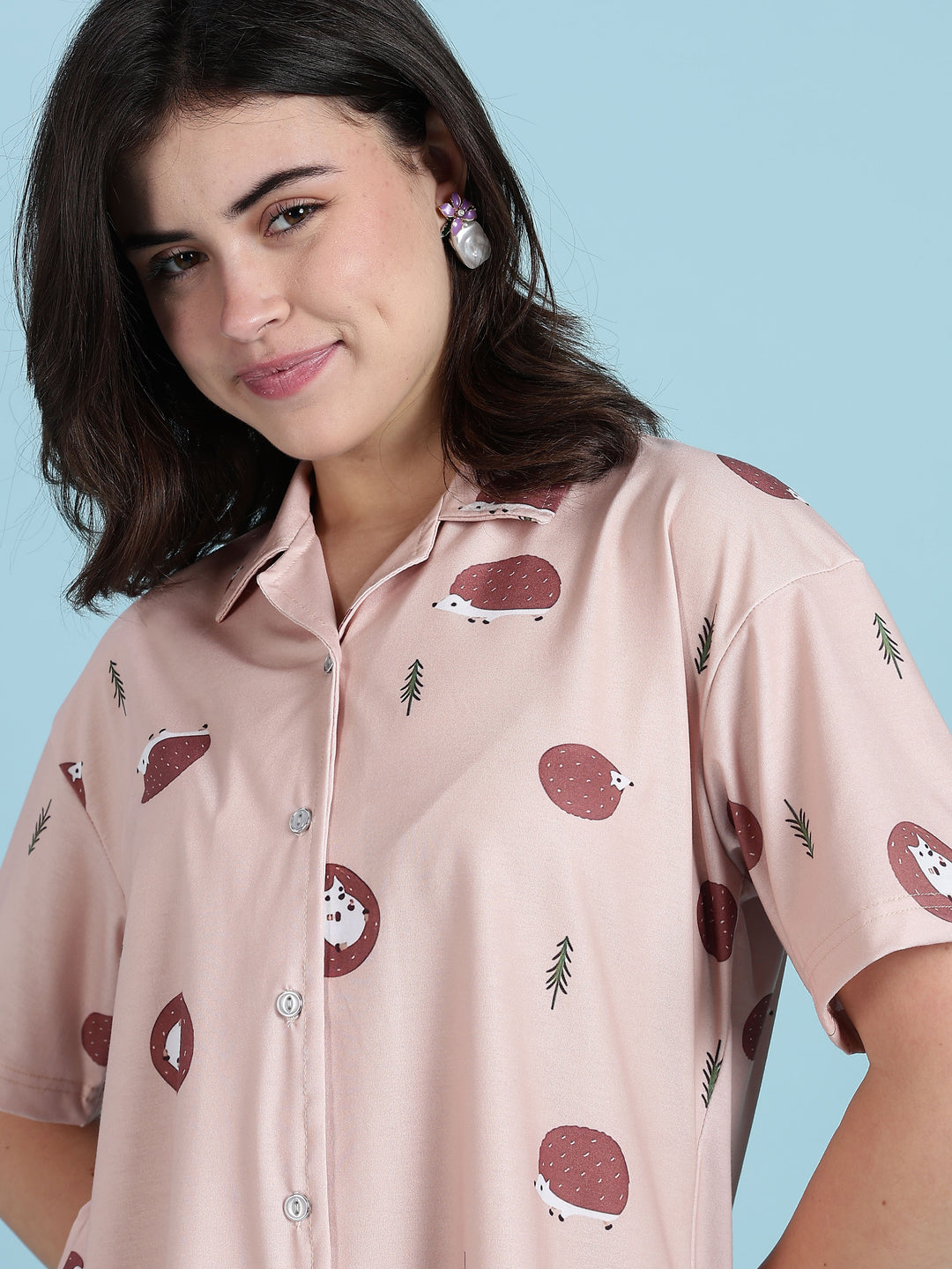 Warm Latte Hedgehog Print Cute Night Suits For Women