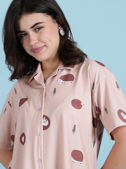 Warm Latte Hedgehog Print Cute Night Suits For Women