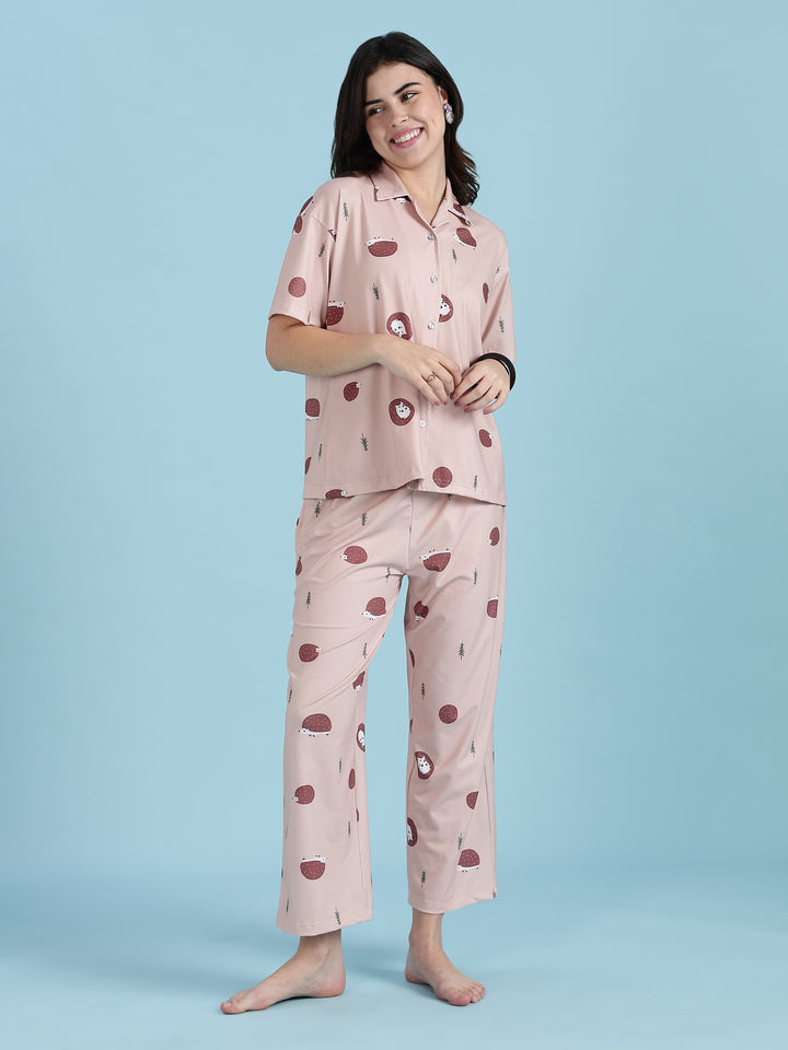 Warm Latte Hedgehog Print Cute Night Suits For Women