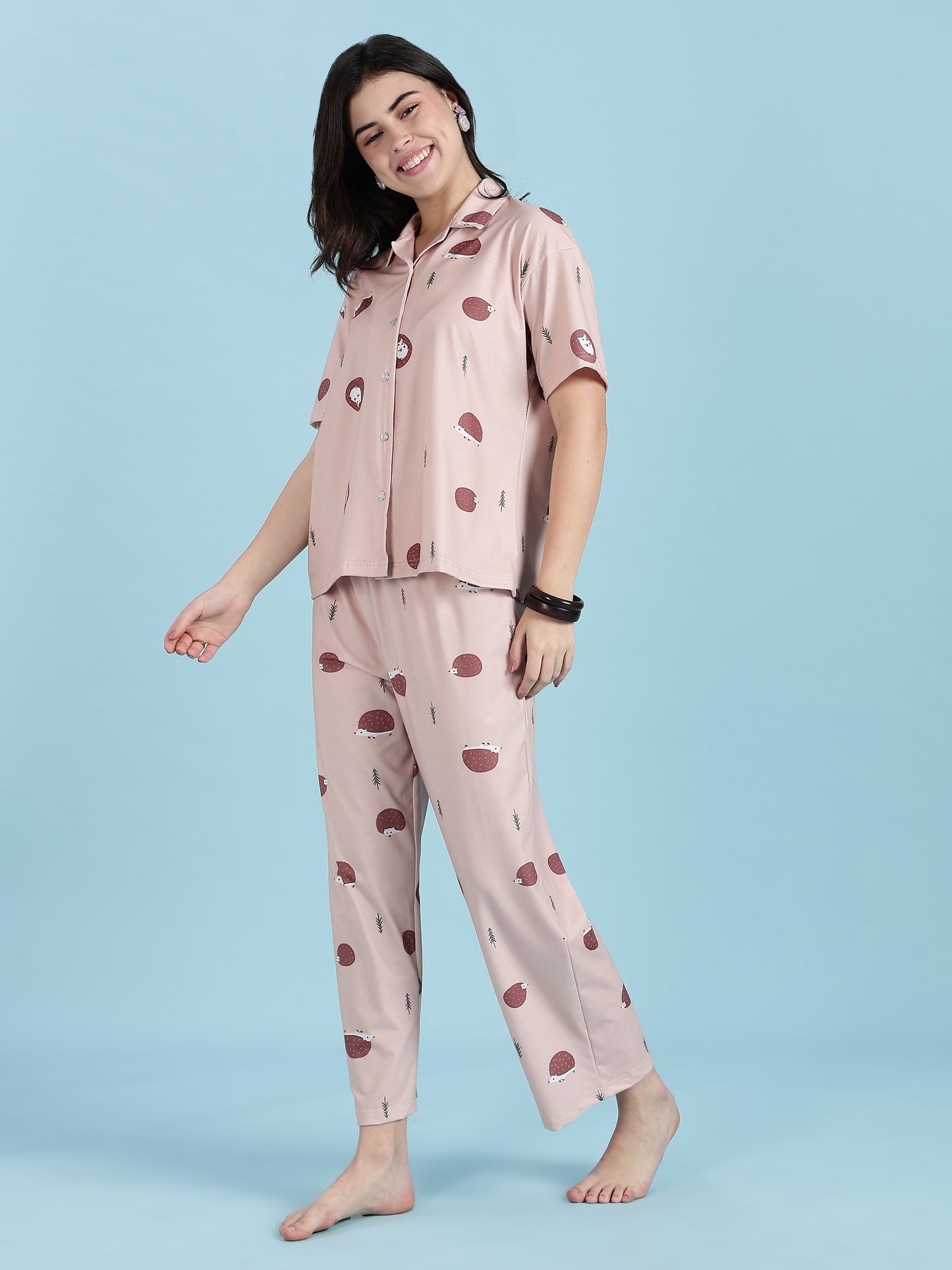 Warm Latte Hedgehog Print Cute Night Suits For Women