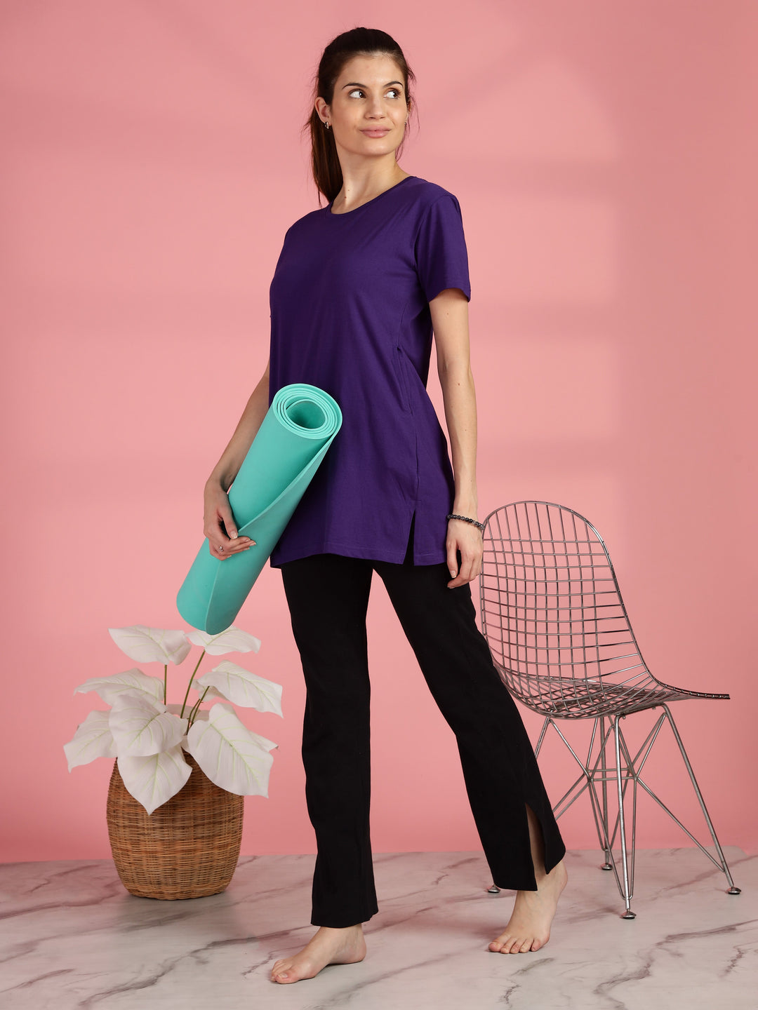 Purple cotton long tshirt for women with comfortable hip covering fit