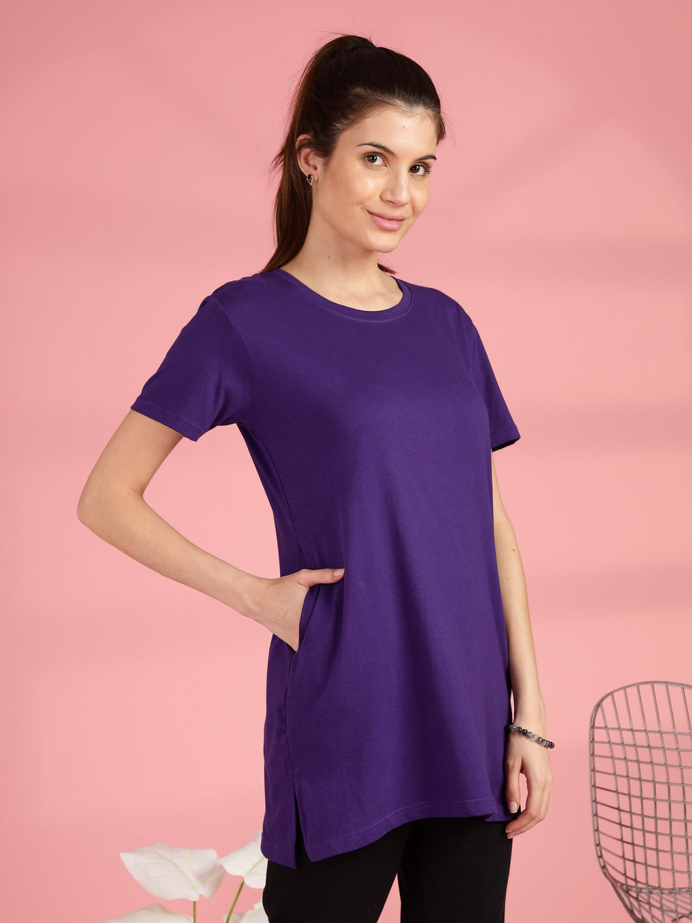 Purple cotton long tshirt for women with comfortable hip covering fit