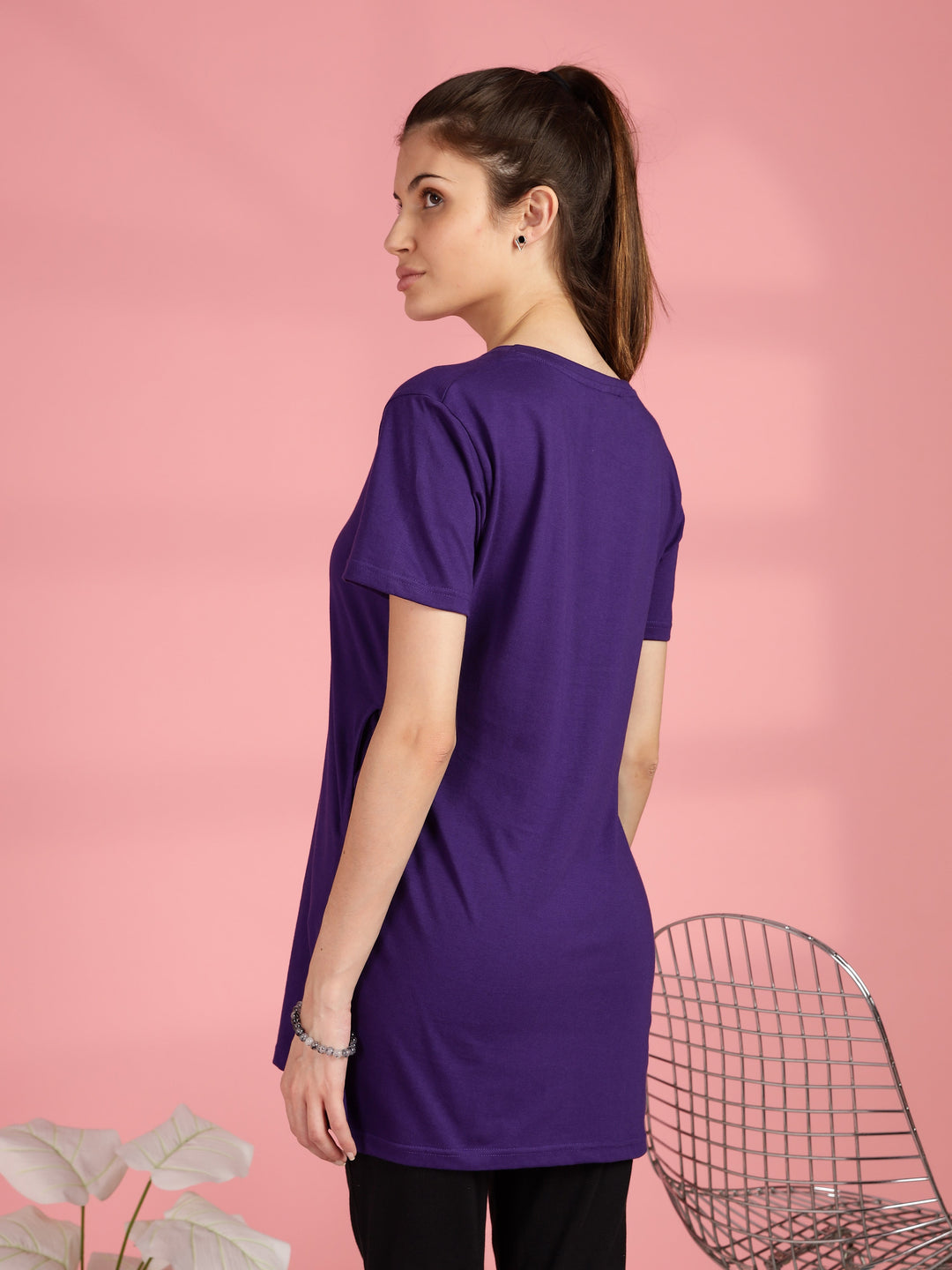 Purple cotton long tshirt for women with comfortable hip covering fit