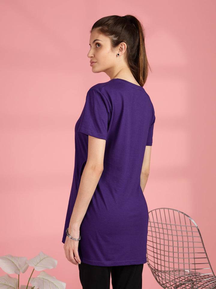 Purple cotton long tshirt for women with comfortable hip covering fit