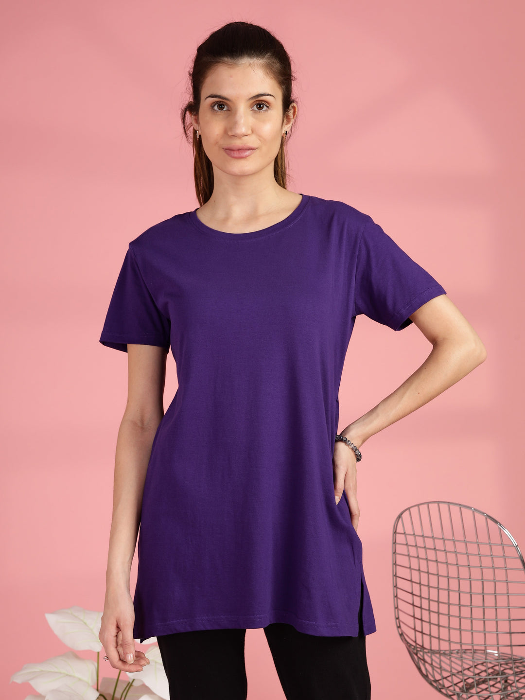 Purple cotton long tshirt for women with comfortable hip covering fit