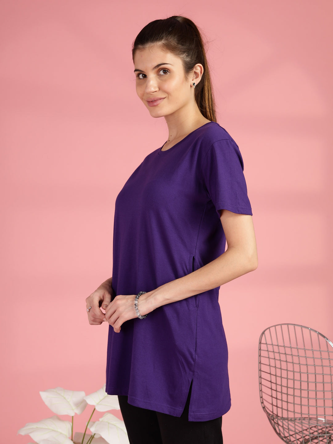 Purple cotton long tshirt for women with comfortable hip covering fit