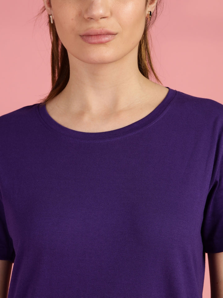 Purple cotton long tshirt for women with comfortable hip covering fit