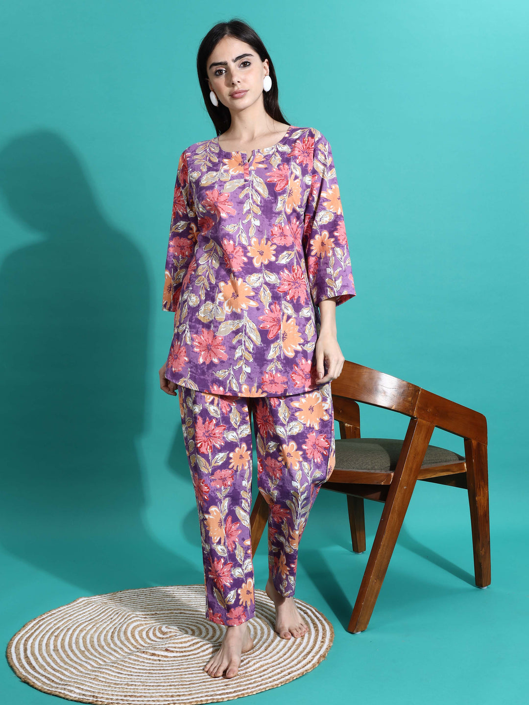 Purple Orange Floral Cotton Pajama Set For Women