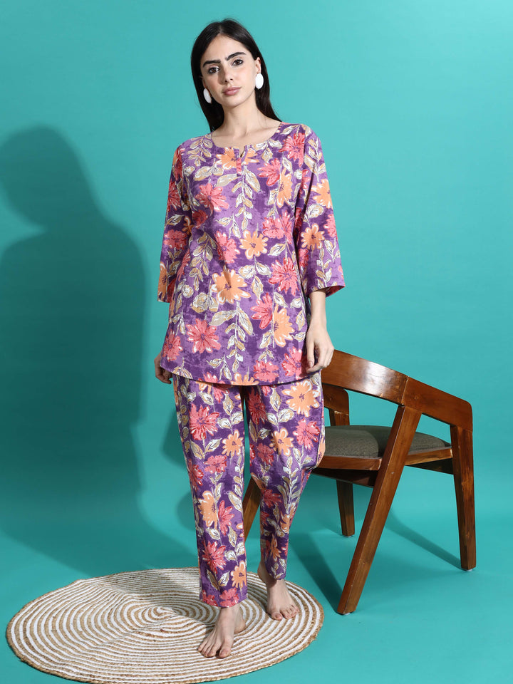 Purple Orange Floral Cotton Pajama Set For Women