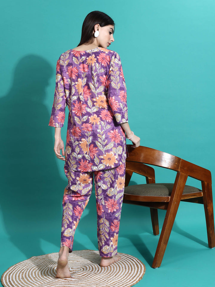 Purple Orange Floral Cotton Pajama Set For Women