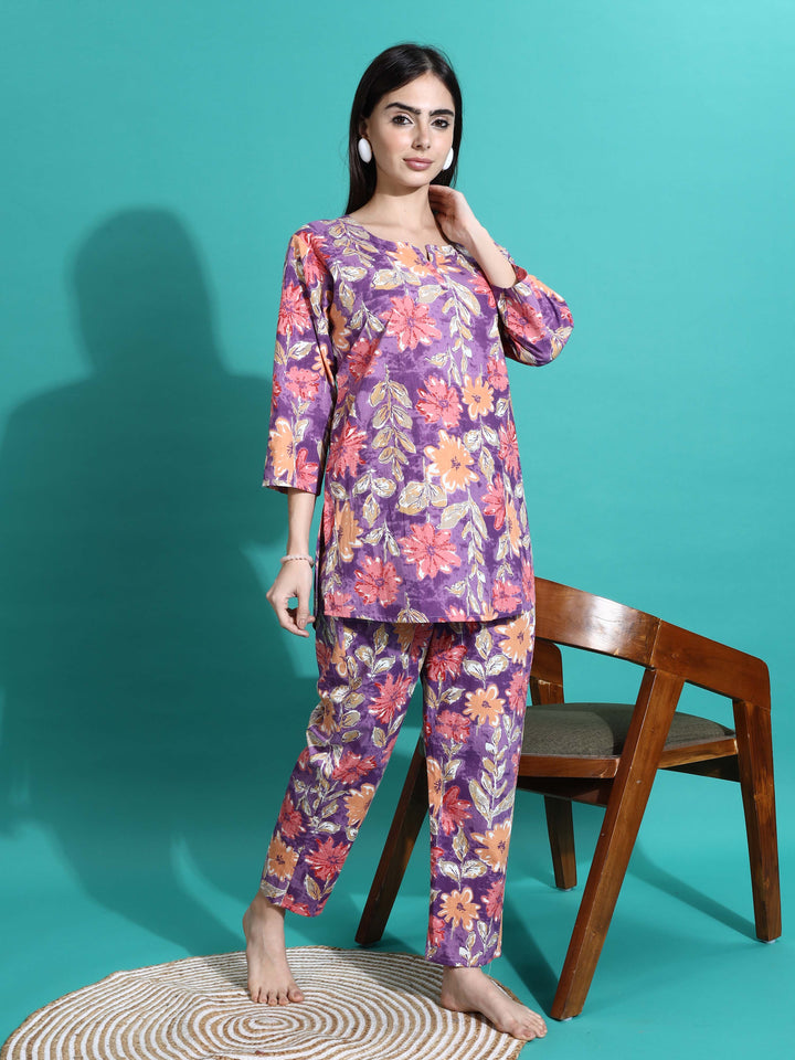 Purple Orange Floral Cotton Pajama Set For Women
