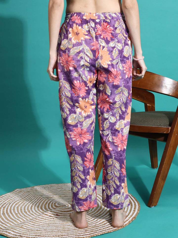 Purple Orange Floral Cotton Pajama Set For Women