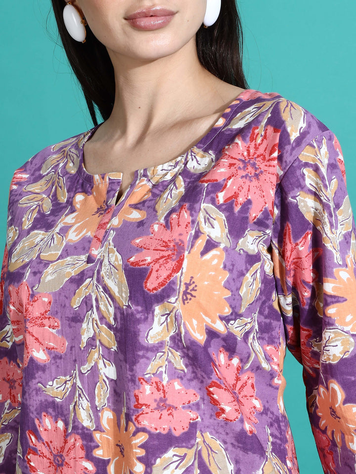 Purple Orange Floral Cotton Pajama Set For Women