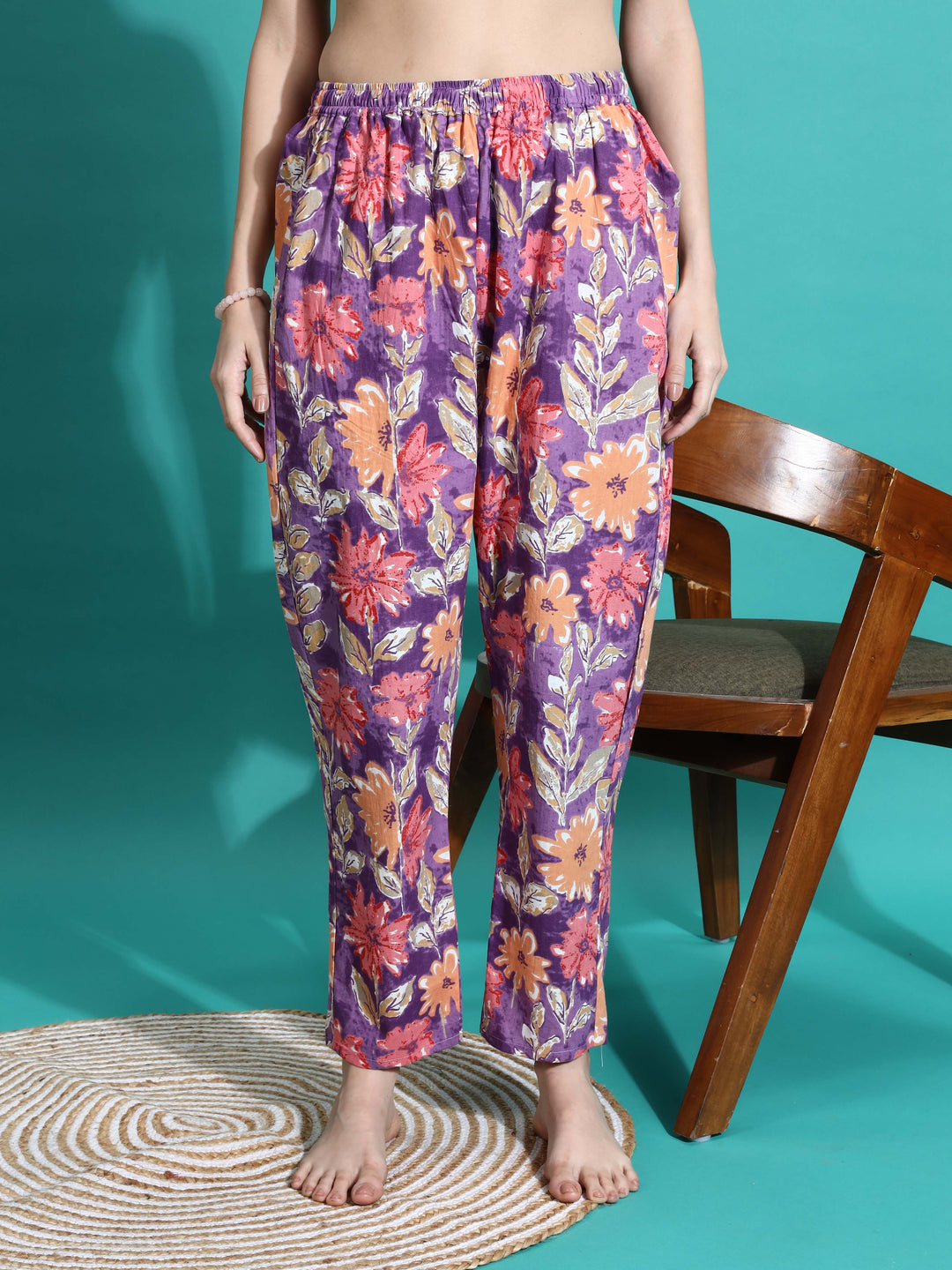 Purple Orange Floral Cotton Pajama Set For Women