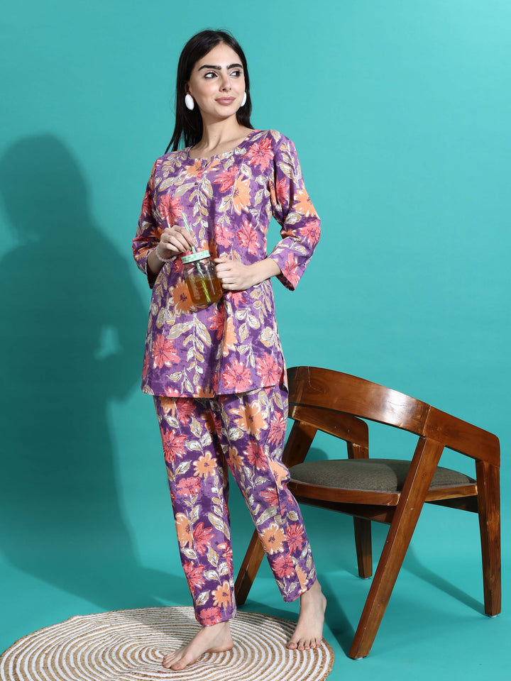 Purple Orange Floral Cotton Women’s Pajama Set Perfect for Daily and Travel Wear