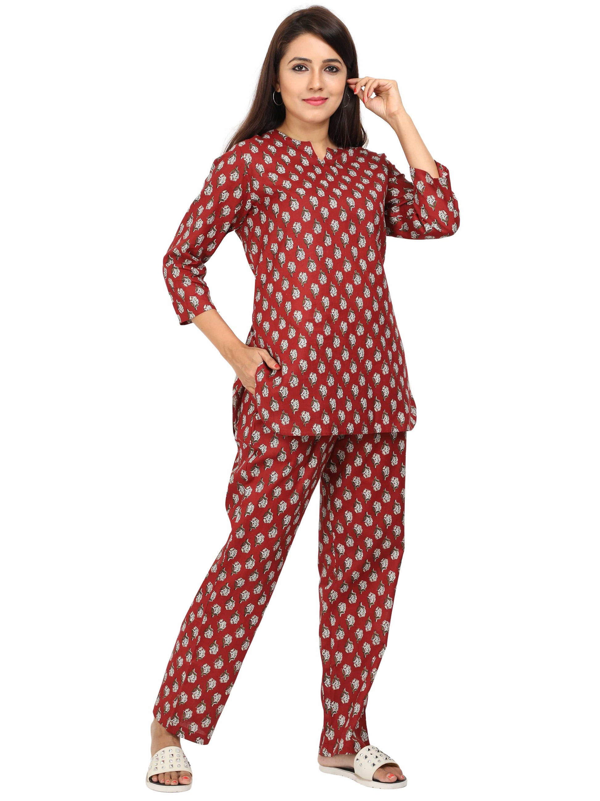 Rust Red Pure Cotton Night Suit Set for Women