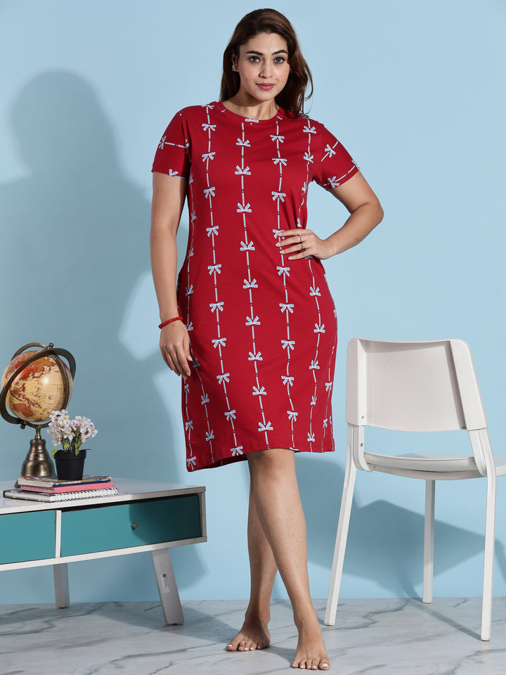 Stretchable plus size red sleep night dress with pocket