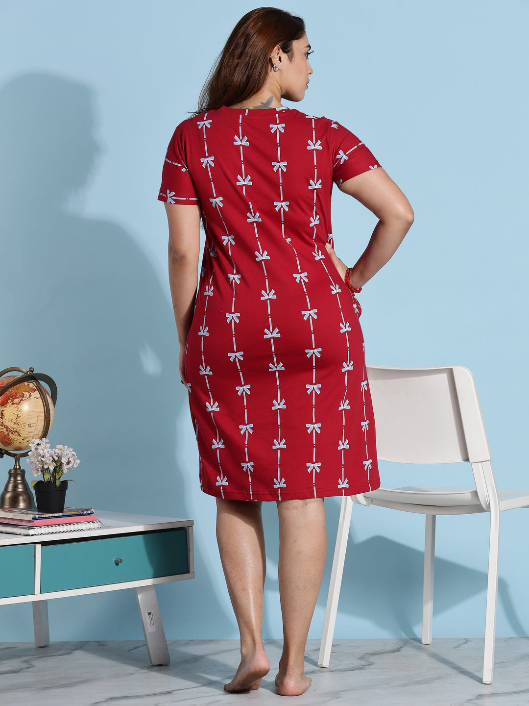 Stretchable plus size red sleep night dress with pocket