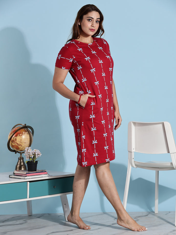 Stretchable plus size red sleep night dress with pocket