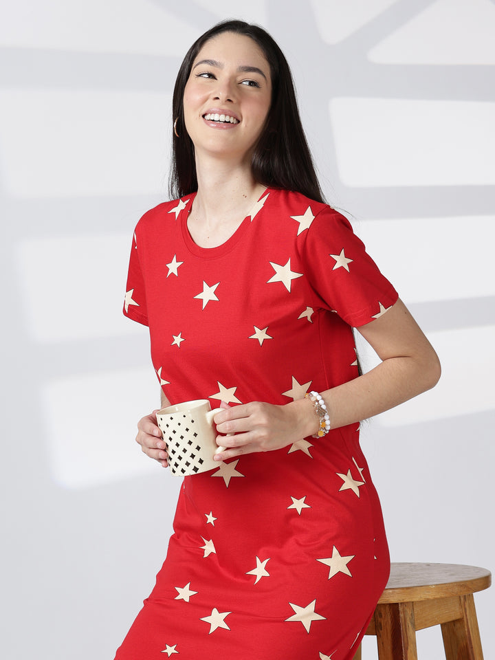 Red star printed cotton short nighty for women comfy fit