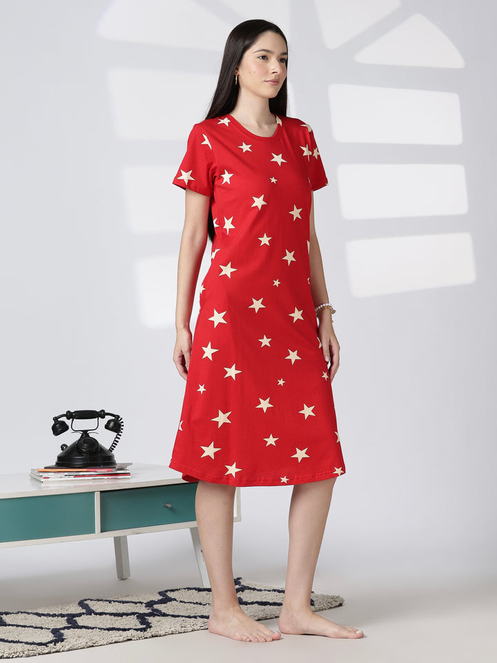 Red star printed cotton short nighty for women comfy fit