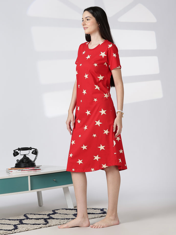 Red star printed cotton short nighty for women comfy fit