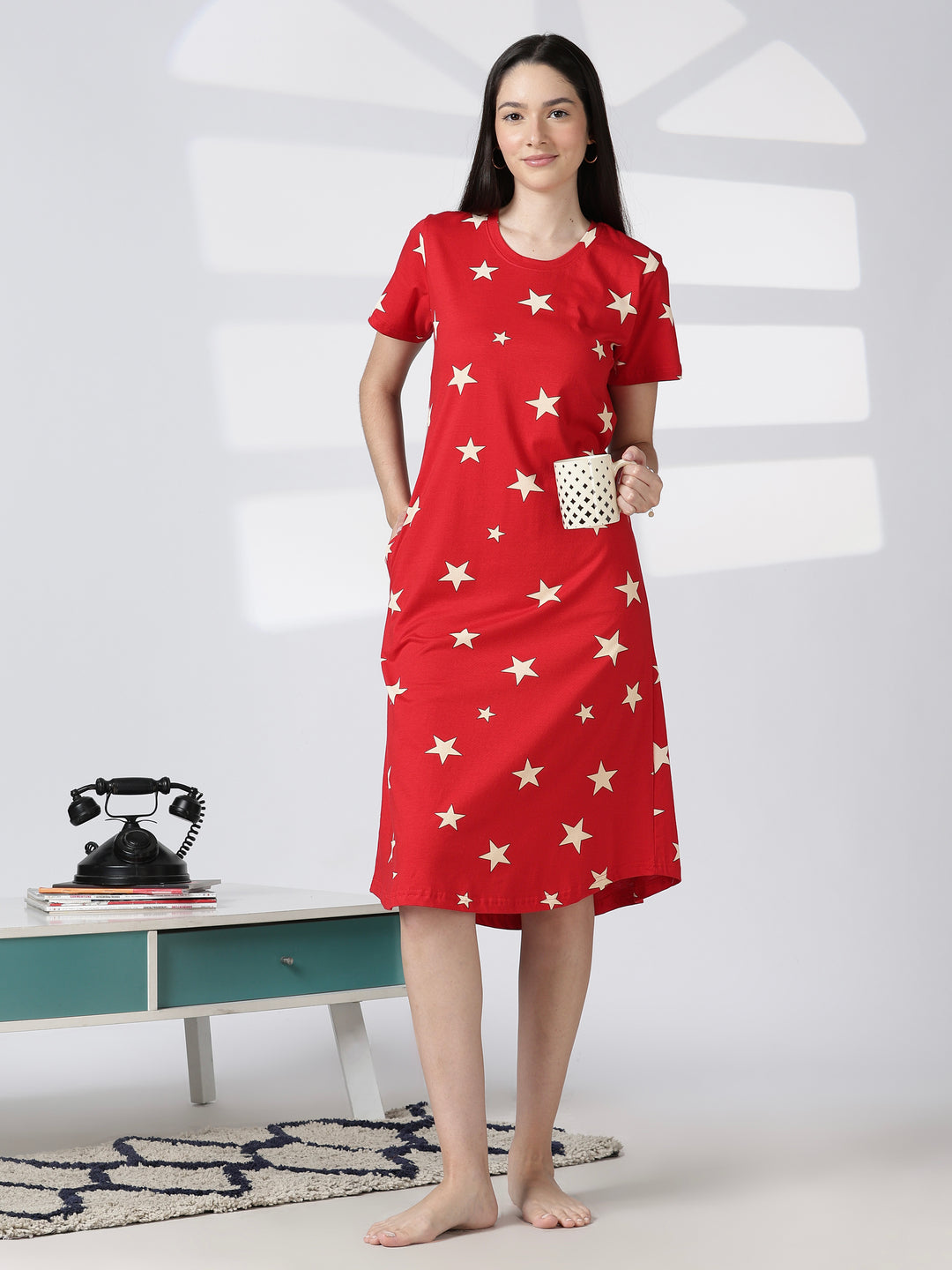 Red star printed cotton short nighty for women comfy fit
