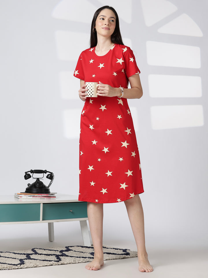 Red star printed cotton short nighty for women comfy fit