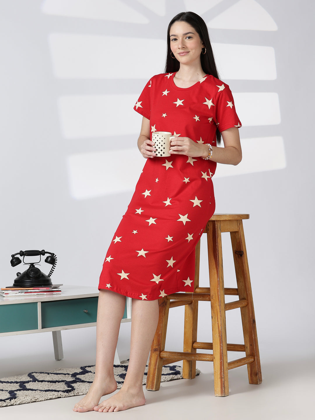 Red star printed cotton short nighty for women comfy fit