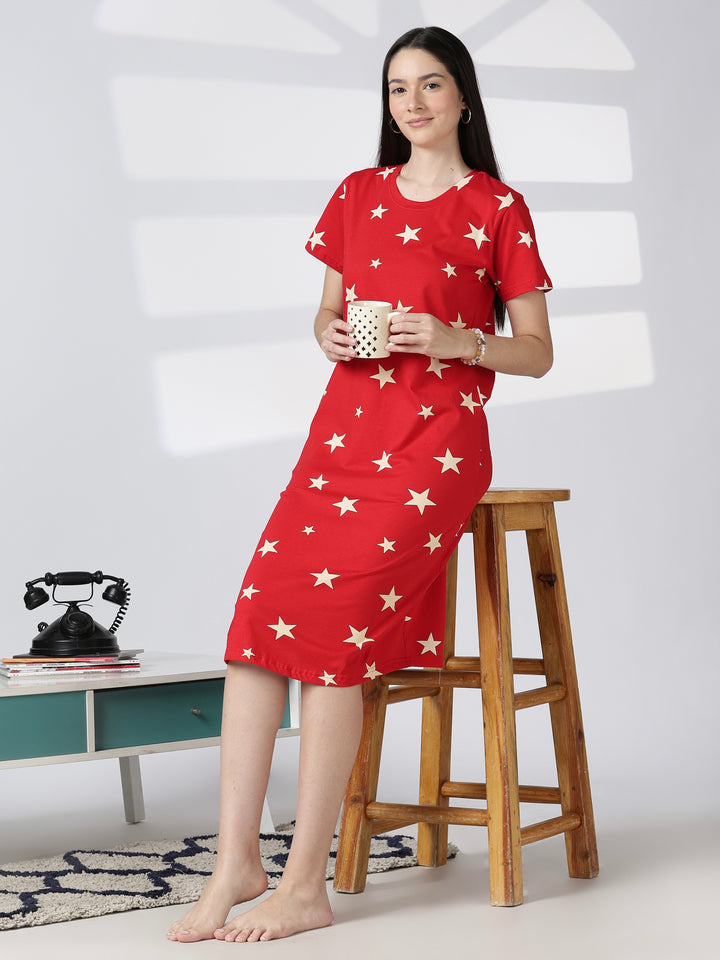 Red star printed cotton short nighty for women comfy fit