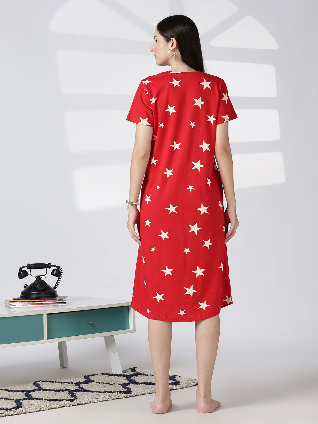 Red star printed cotton short nighty for women comfy fit