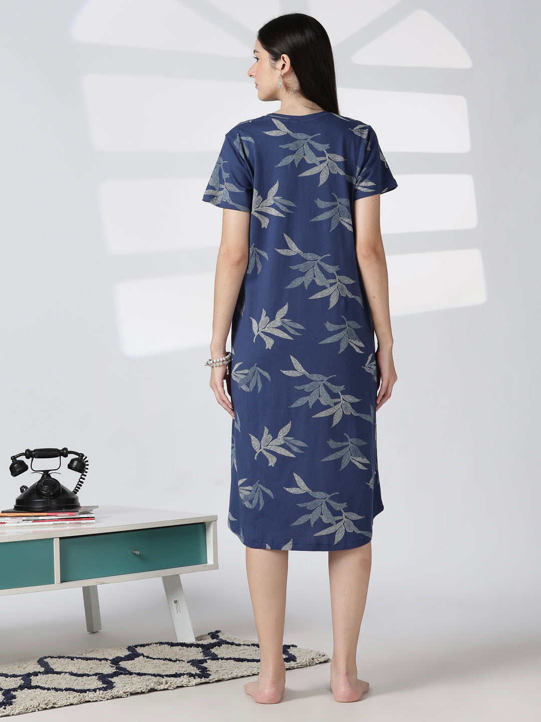 Blue leaf printed cotton short nighty for women relaxed fit
