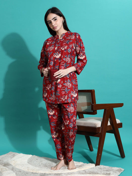 Ruby Red Floral Branded Cotton Co-ord Set for Women
