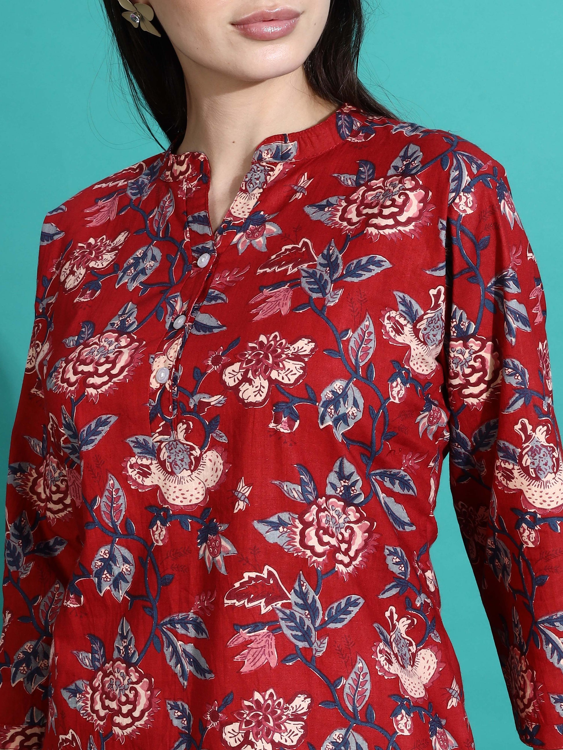 Ruby Red Floral Branded Cotton Co-ord Set for Women