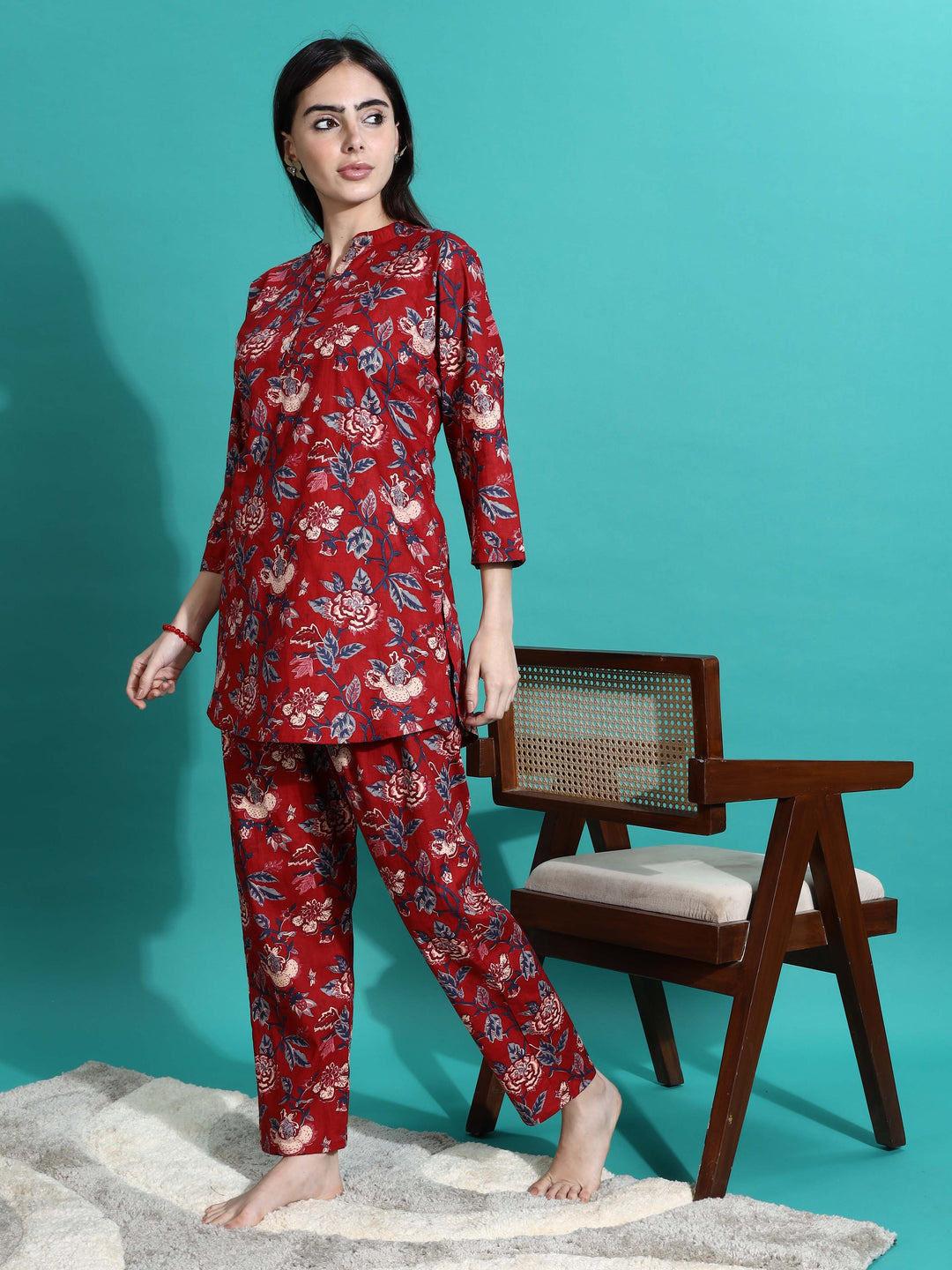 Ruby Red Floral Branded Cotton Co-ord Set for Women