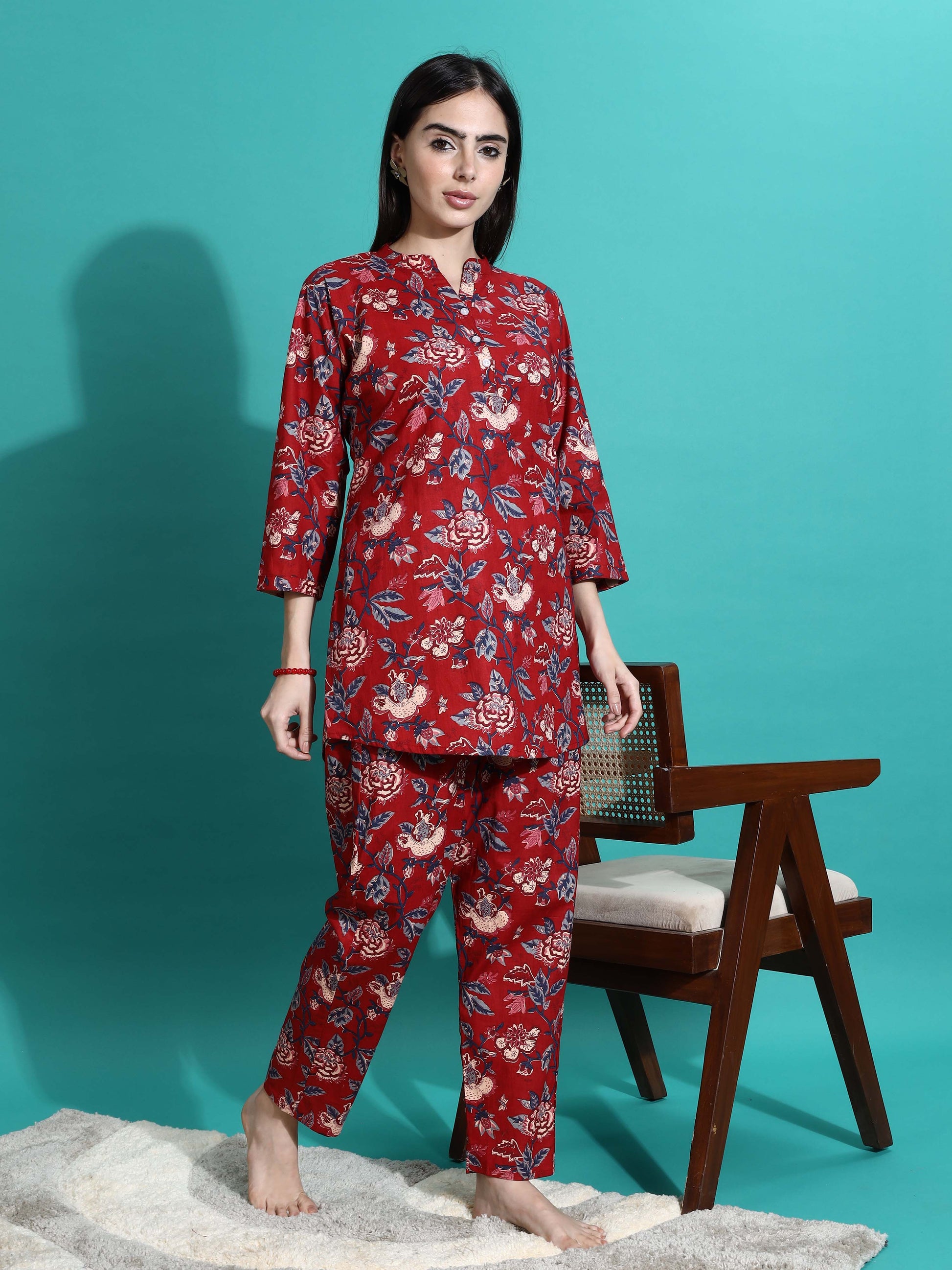 Ruby Red Floral Branded Cotton Co-ord Set for Women