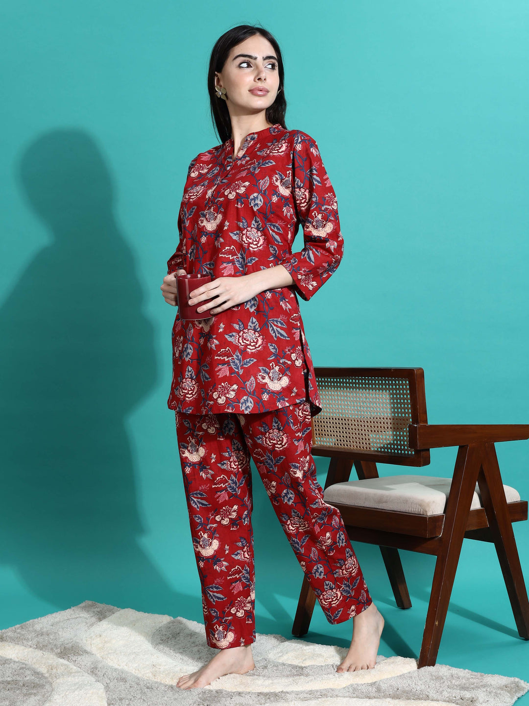Ruby Red Floral Branded Cotton Co-ord Set for Women