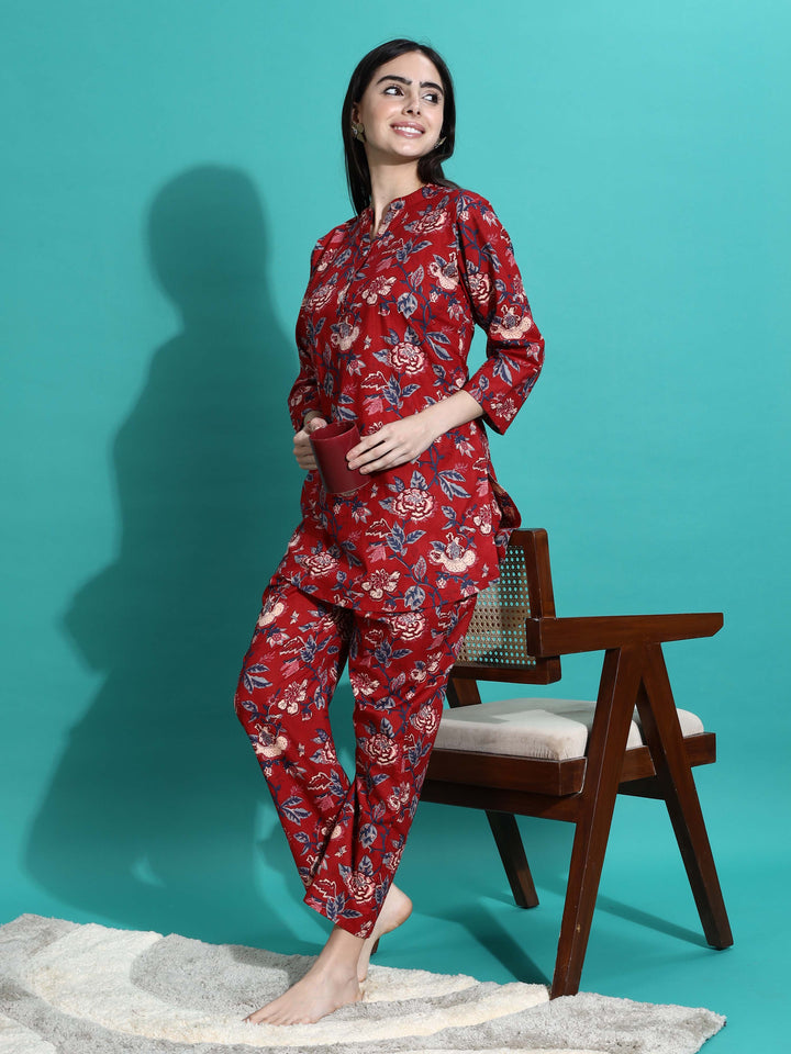 Ruby Red Floral Branded Cotton Co-ord Set for Women