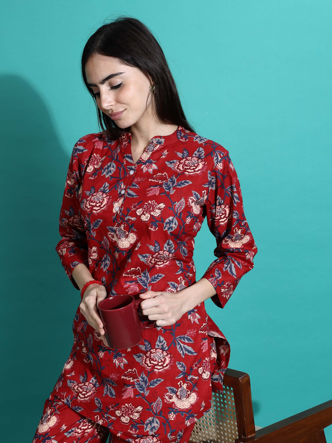 Ruby Red Floral Branded Cotton Co-ord Set for Women