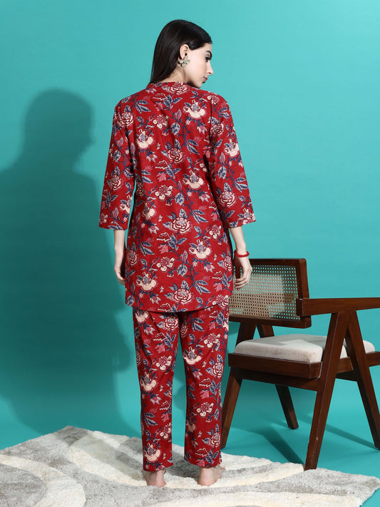 Ruby Red Floral Branded Cotton Co-ord Set for Women