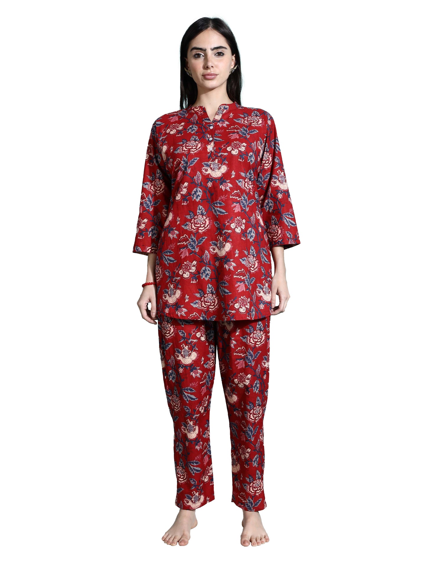 Ruby Red Floral Branded Cotton Co-ord Set for Women