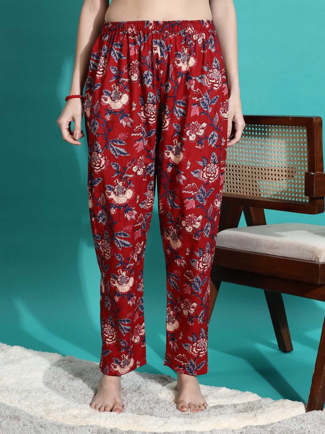 Ruby Red Floral Branded Cotton Co-ord Set for Women