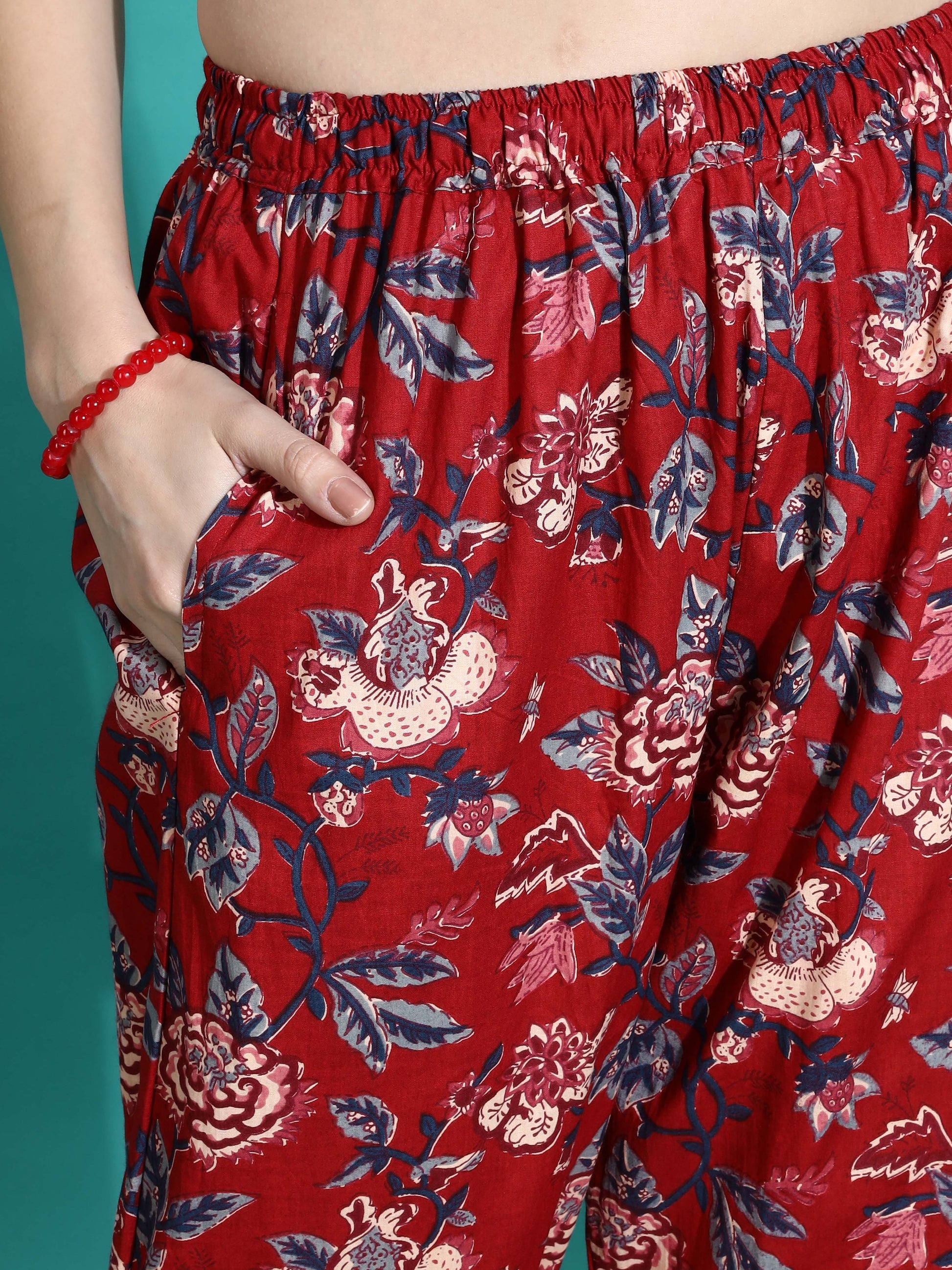 Ruby Red Floral Branded Cotton Co-ord Set for Women