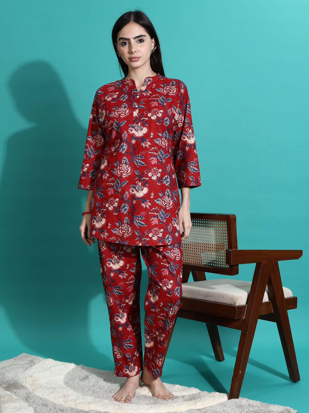 Ruby Red Floral Branded Cotton Co-ord Set for Women