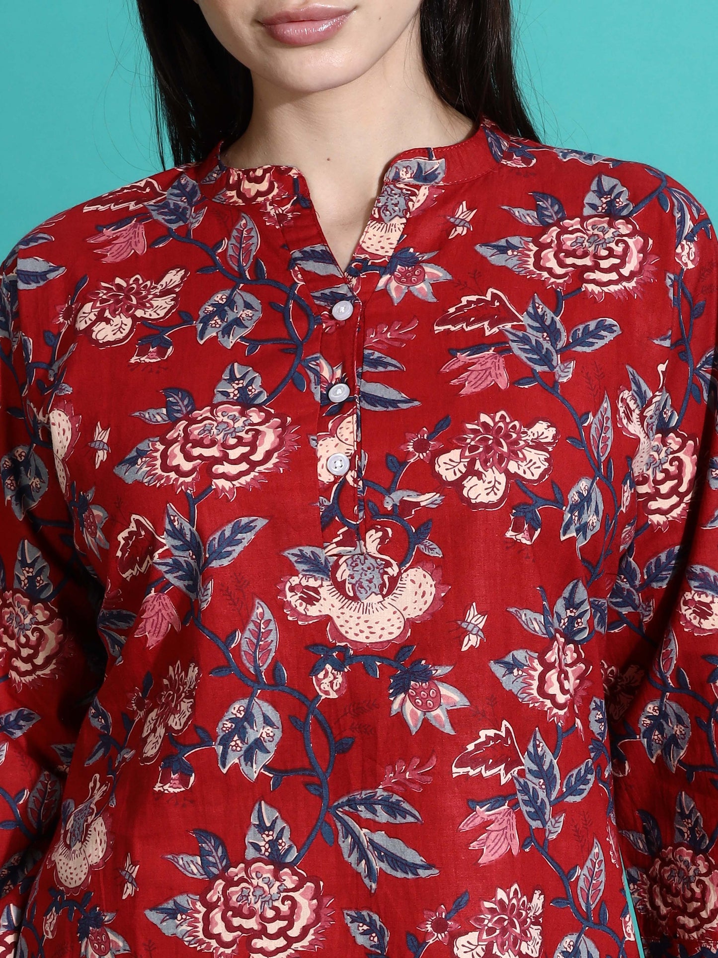 Ruby Red Floral Branded Cotton Co-ord Set for Women